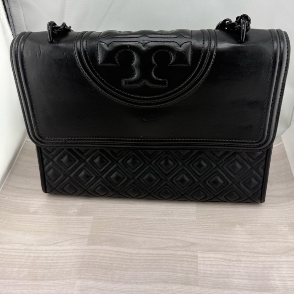 Tory Burch Black Quilted Messenger Bag with Flap-Over Design